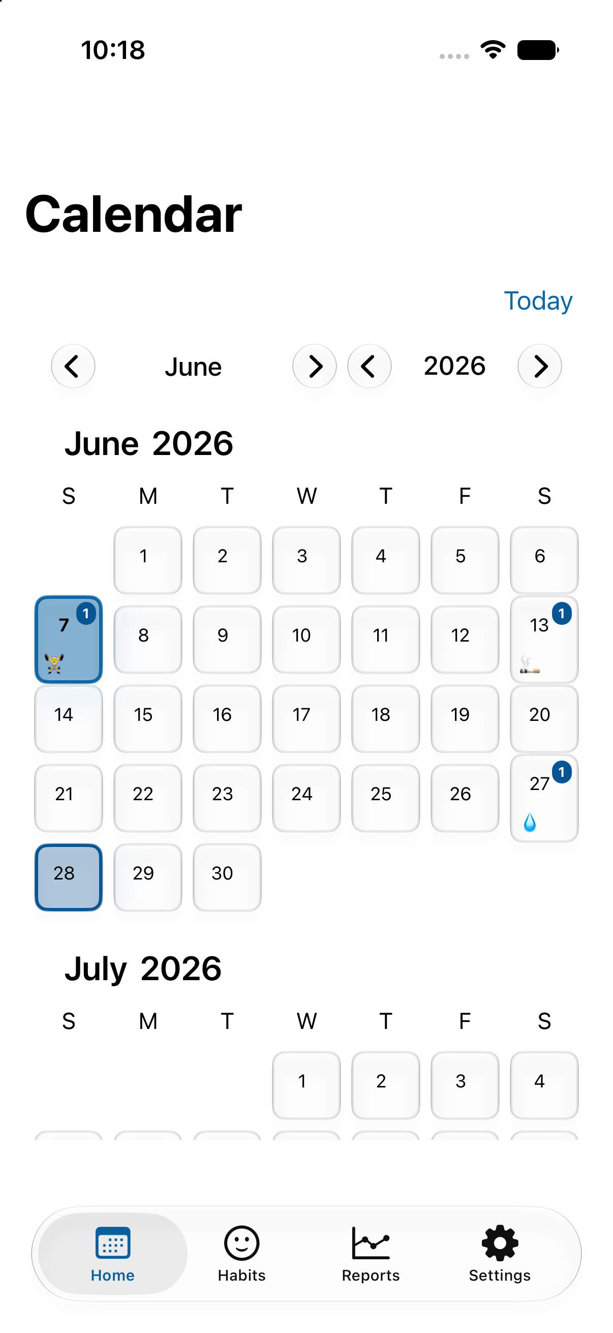 Jot calendar view showing emoji habit entries logged on individual days.